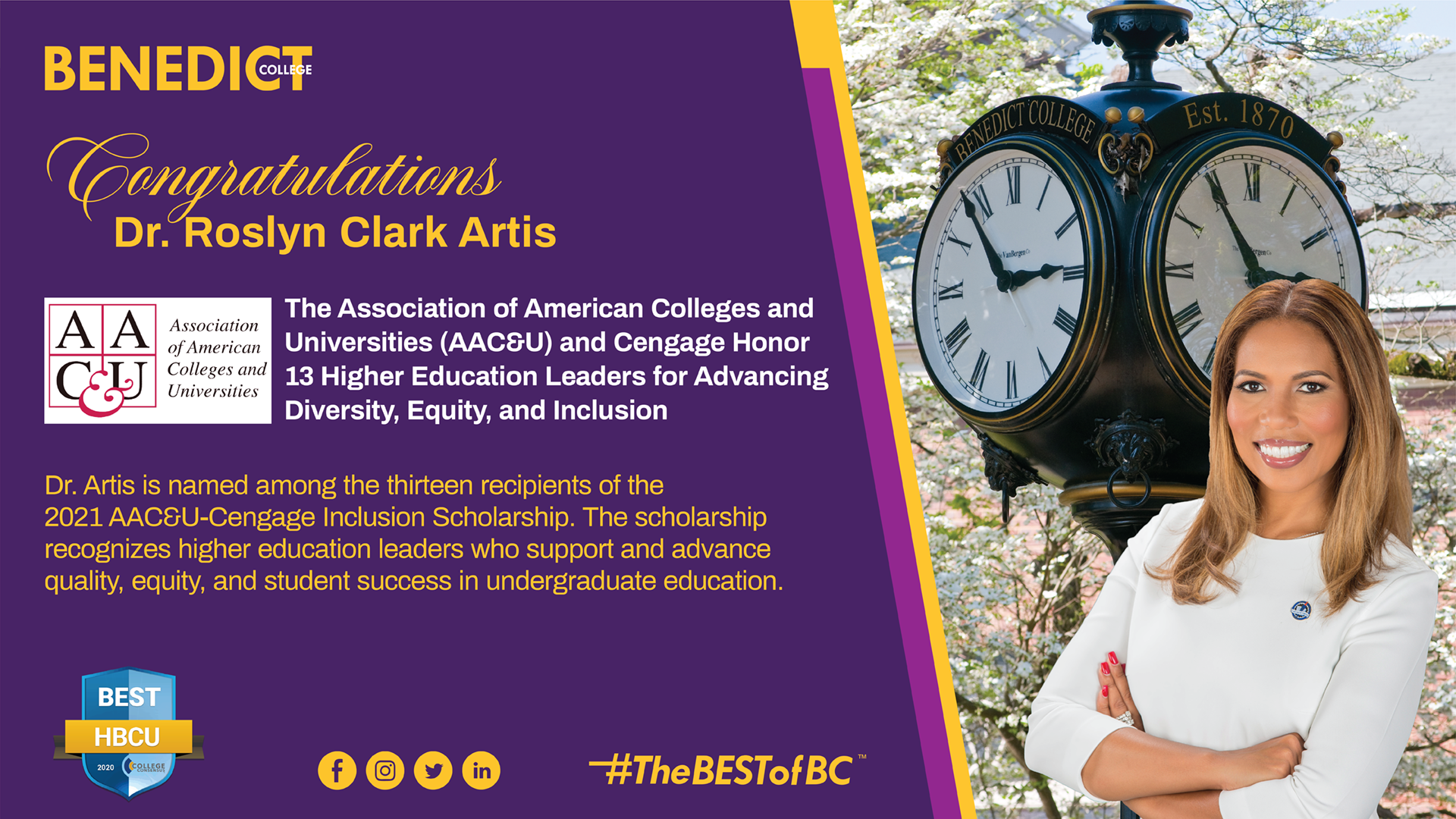 Dr Roslyn Clark Artis President Of Benedict College Among 13 Higher Education Leaders Recognized For Advancing Diversity Equity And Inclusion By The Association Of American Colleges And Universities c U And Cengage